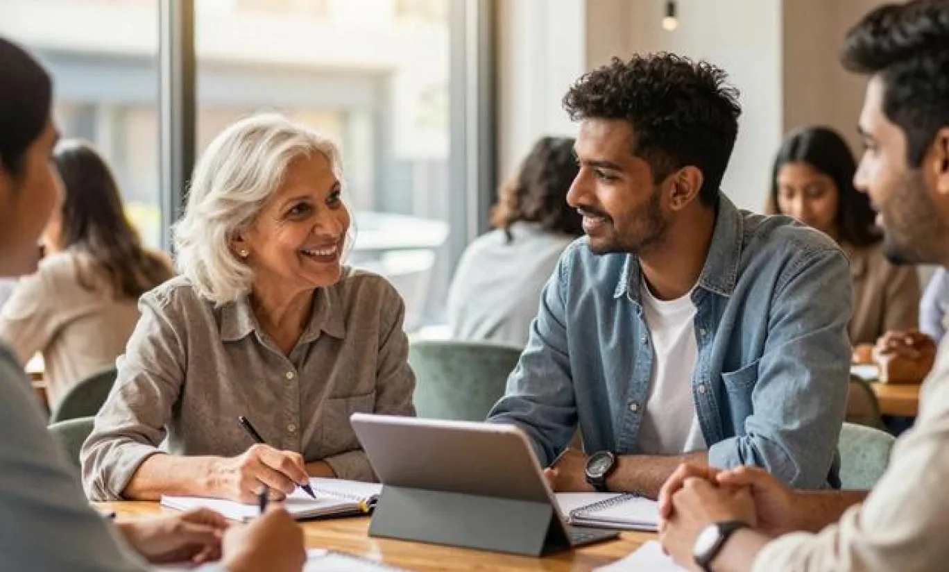 An experienced mentor talking with a young professional