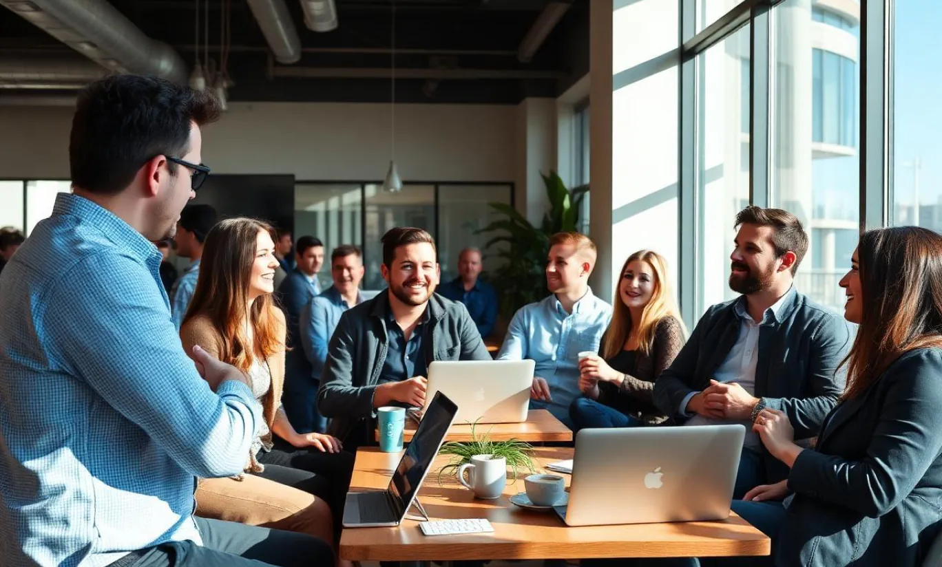 A group of people talking around laptops at a weekend masterclass